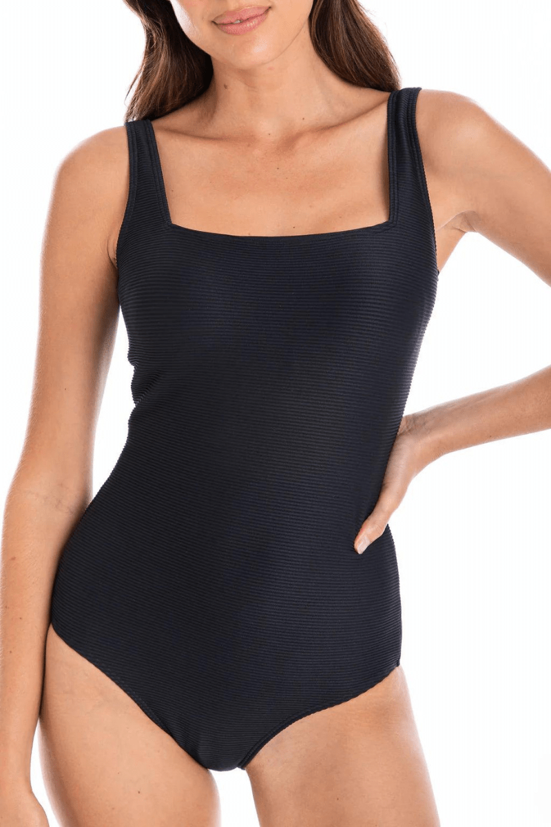 Togs Black Ribbed Texture Square Neck One Piece.
