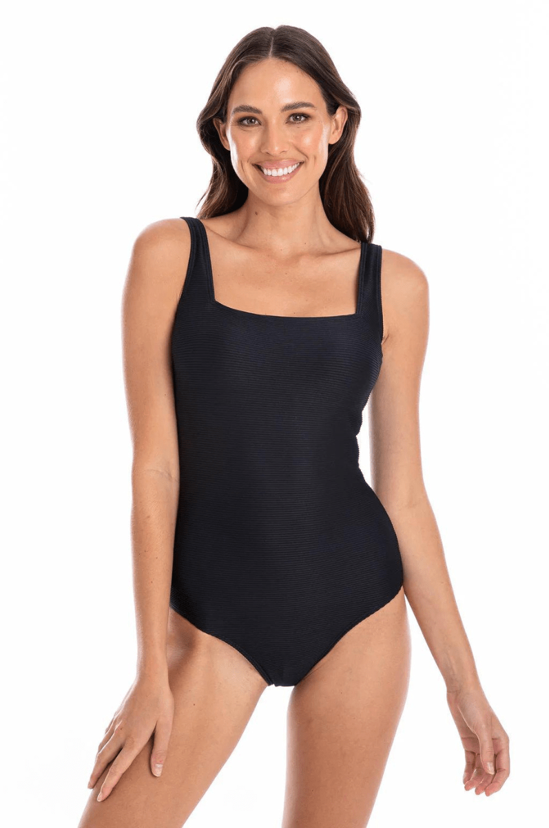 Togs Black Ribbed Texture Square Neck One Piece.