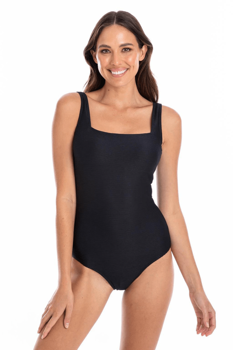 Togs Black Ribbed Texture Square Neck One Piece.