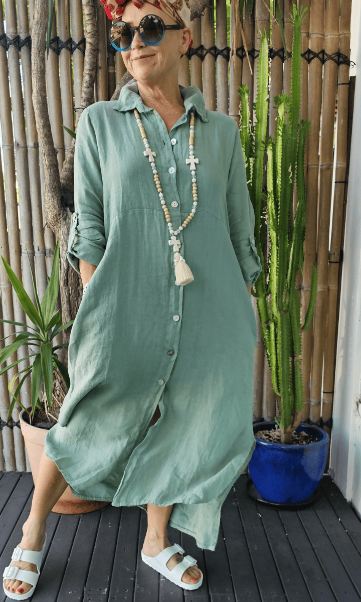 Vera May Italian Linen Button Through Dress.