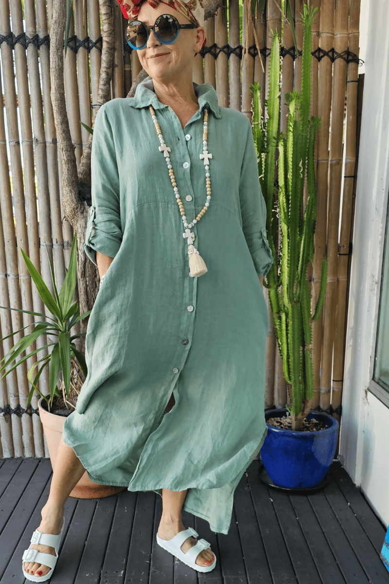 Vera May Italian Linen Button Through Dress.
