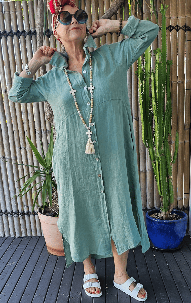 Vera May Italian Linen Button Through Dress.