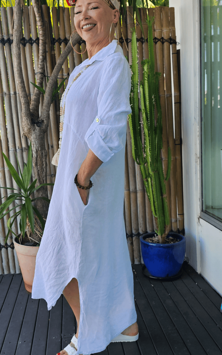 Vera May Italian Linen Button Through Dress.