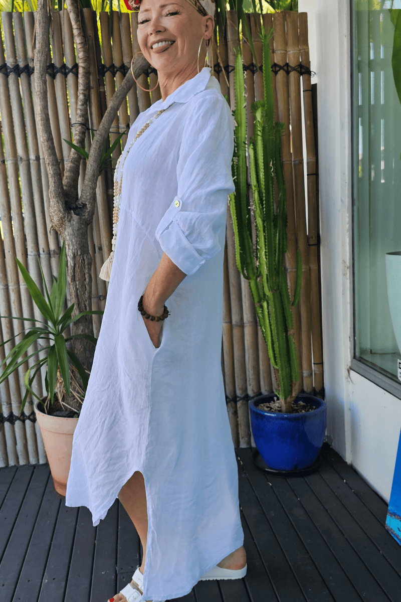 Vera May Italian Linen Button Through Dress.