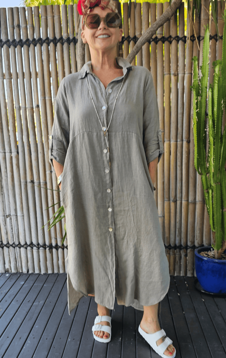 Vera May Italian Linen Button Through Dress.