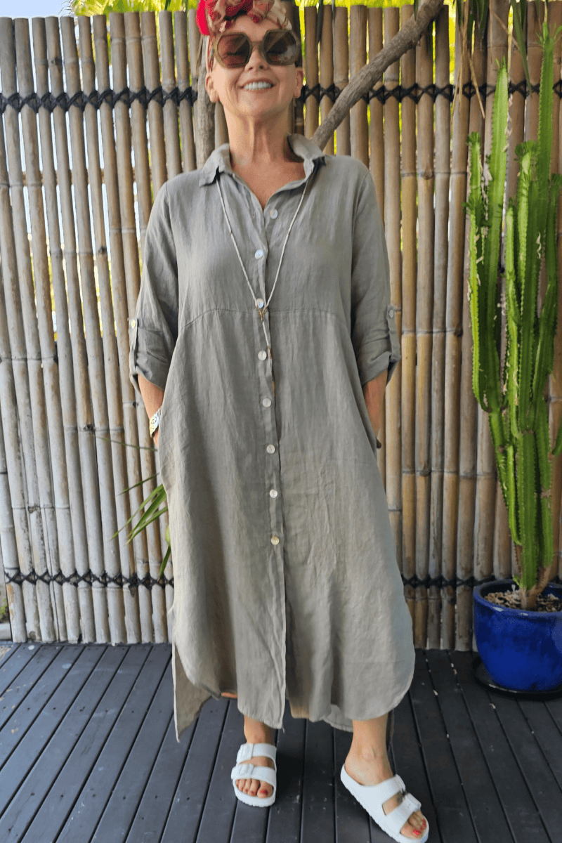 Vera May Italian Linen Button Through Dress.