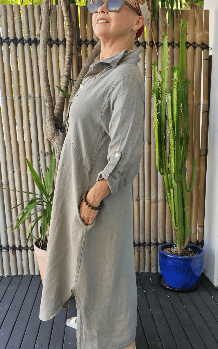 Vera May Italian Linen Button Through Dress.