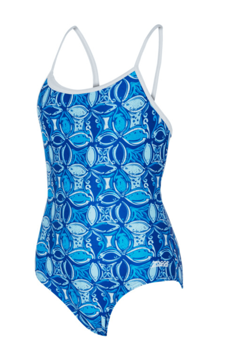 Zoggs Blue Fish Front Lined Sprintback One Piece Girls Swimwear.