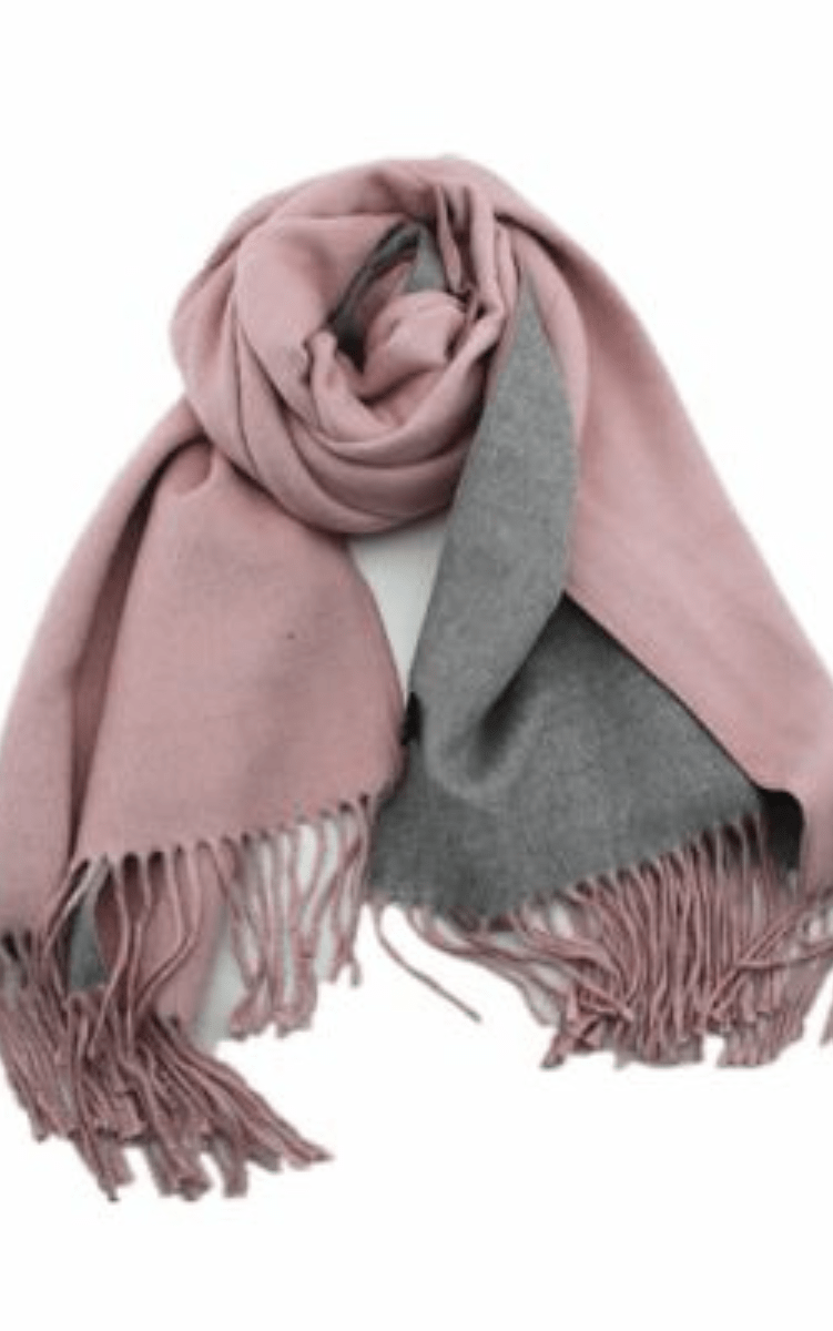 Cashmere Double Reversible Pink Grey Scarf with Fringe.