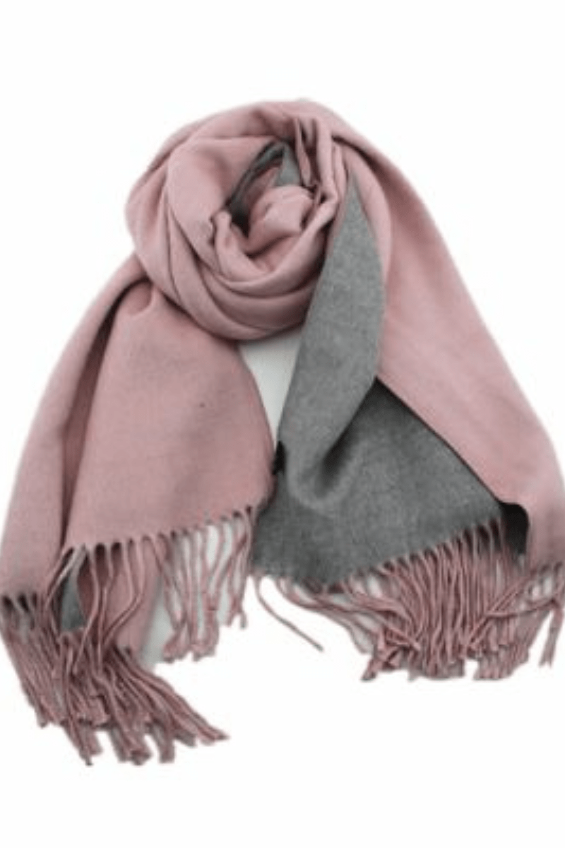 Cashmere Double Reversible Pink Grey Scarf with Fringe.