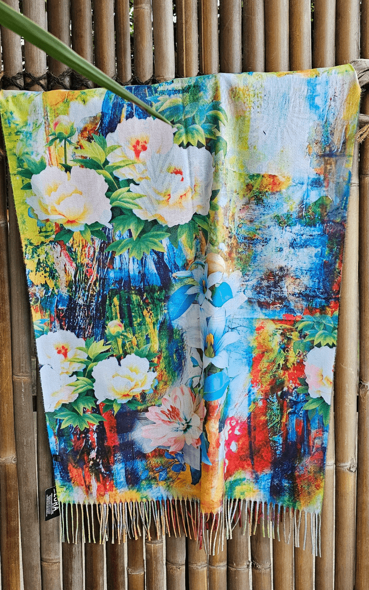 Frida Kahlo Cashmere Flowers In Hair Reversible Scarf.