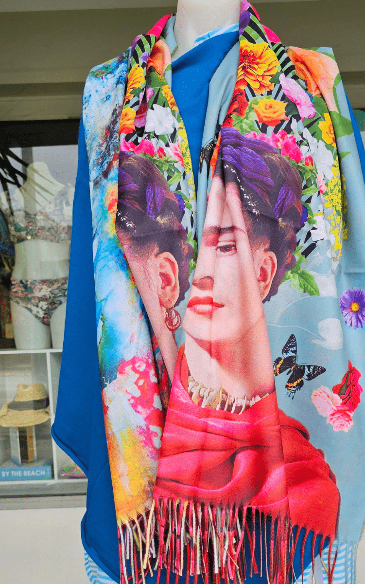 Frida Kahlo Cashmere Flowers In Hair Reversible Scarf.