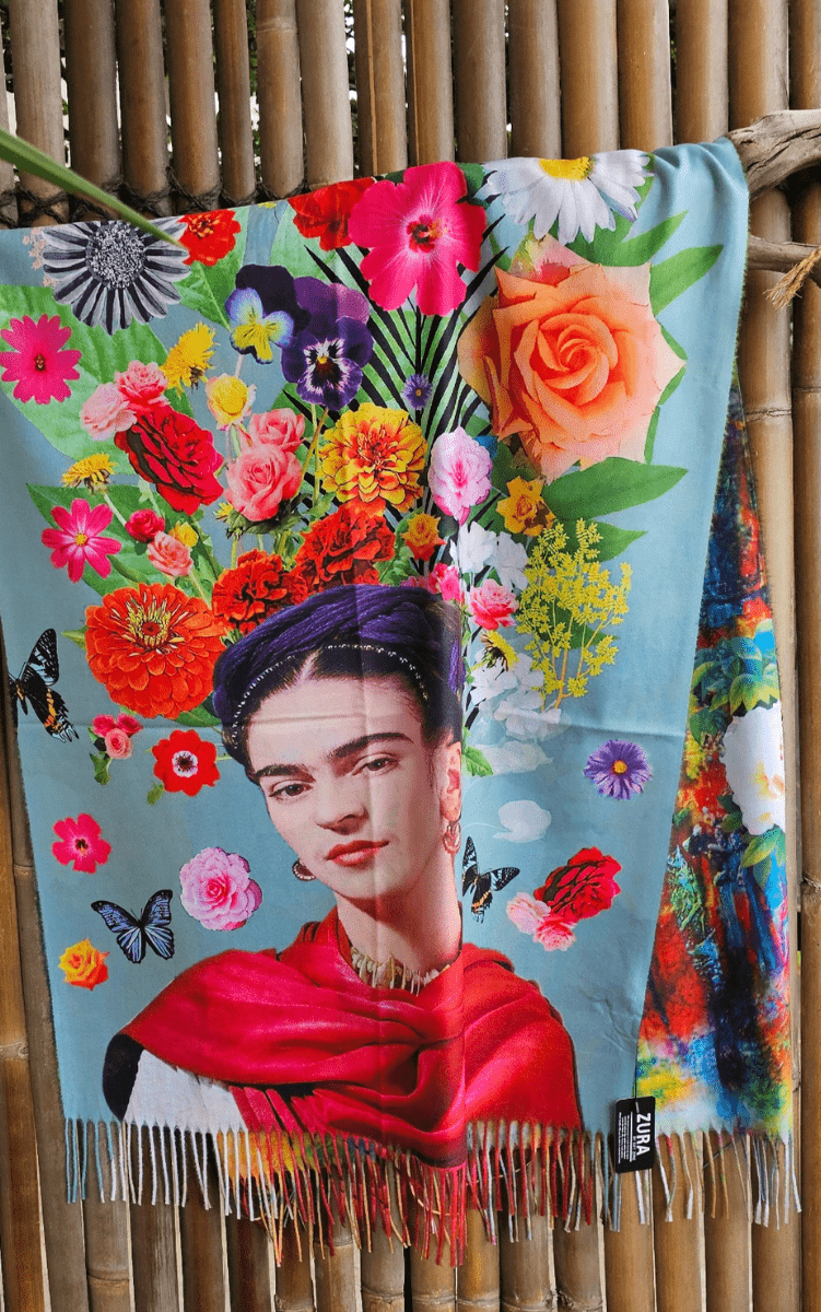 Frida Kahlo Cashmere Flowers In Hair Reversible Scarf.