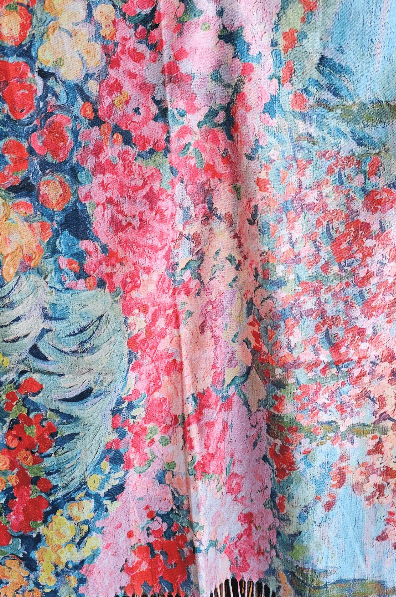 Frida Kahlo Cashmere Scarf Reversible Bright Monet Flower Garden.