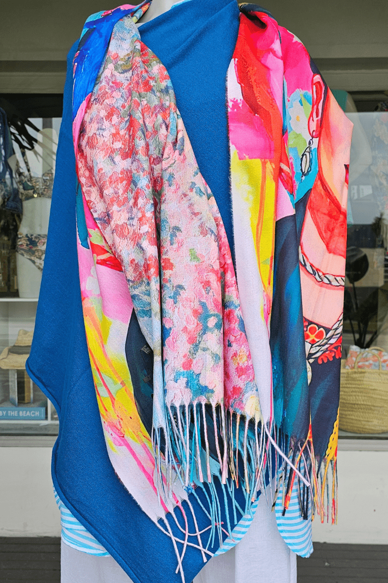 Frida Kahlo Cashmere Scarf Reversible Bright Monet Flower Garden.