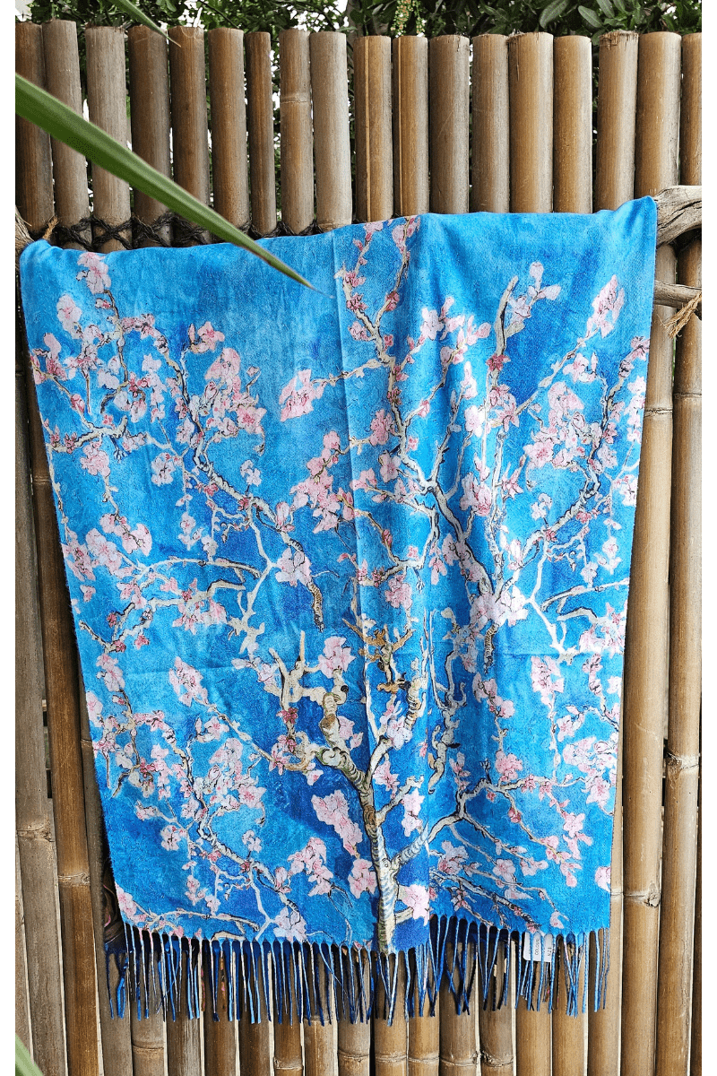 Frida Kahlo Cashmere Scarf Reversible Sky Blue Blossom Tree.