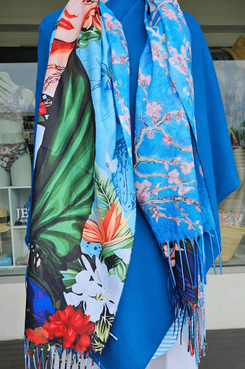 Frida Kahlo Cashmere Scarf Reversible Sky Blue Blossom Tree.