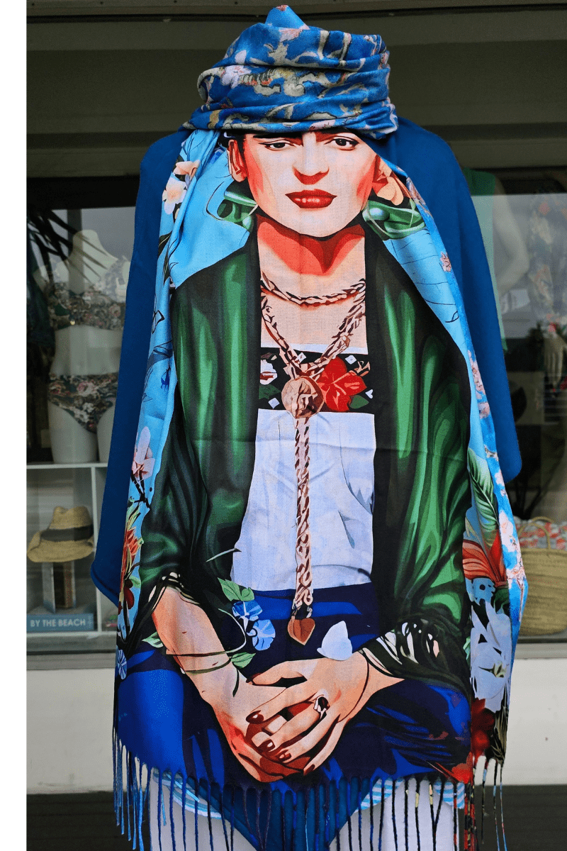 Frida Kahlo Cashmere Scarf Reversible Sky Blue Blossom Tree.