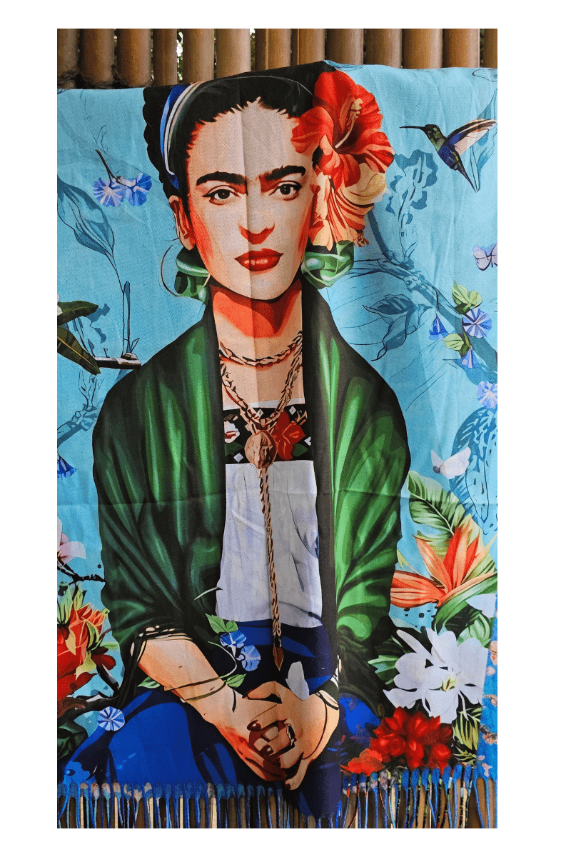 Frida Kahlo Cashmere Scarf Reversible Sky Blue Blossom Tree.