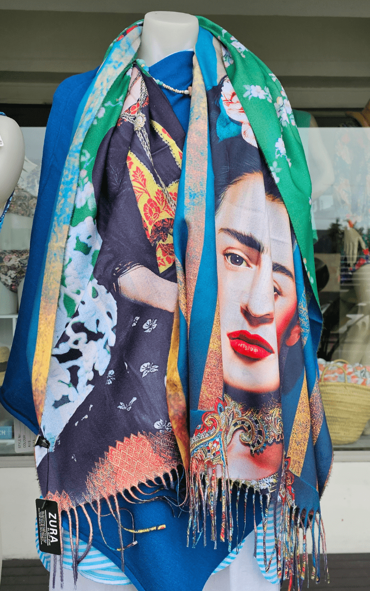 Frida Kahlo Cashmere Scarf with Roses in her hair.