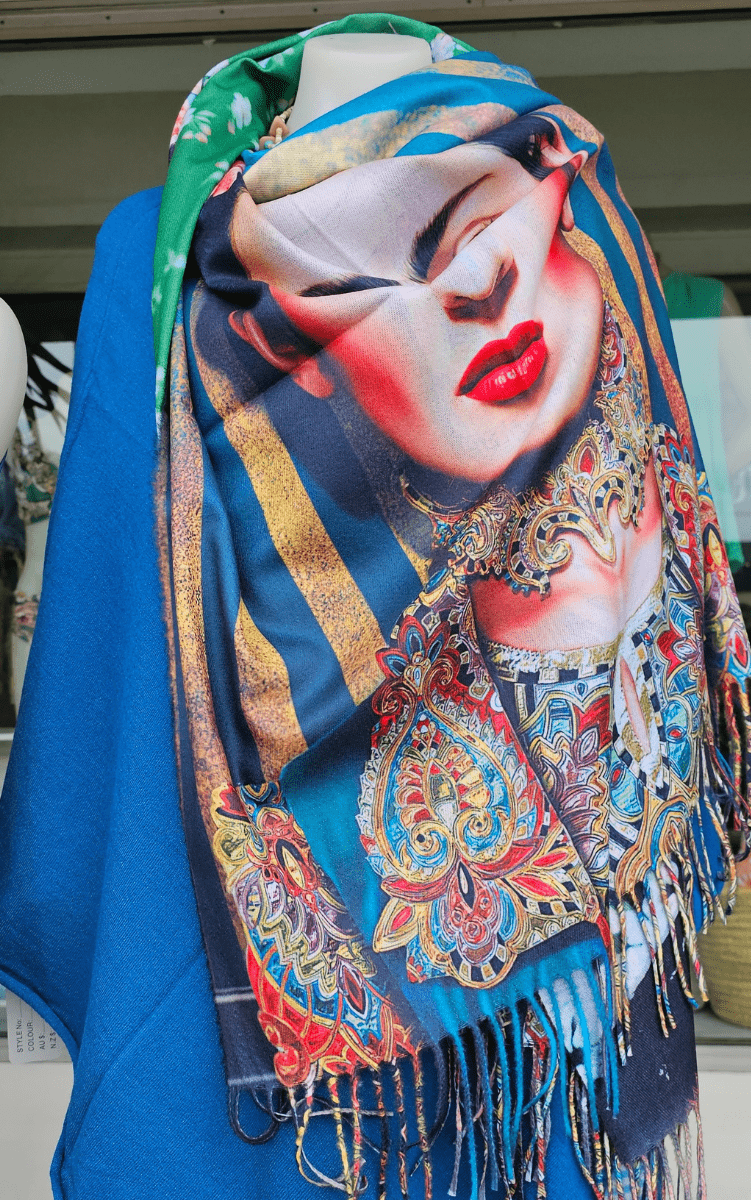 Frida Kahlo Cashmere Scarf with Roses in her hair.