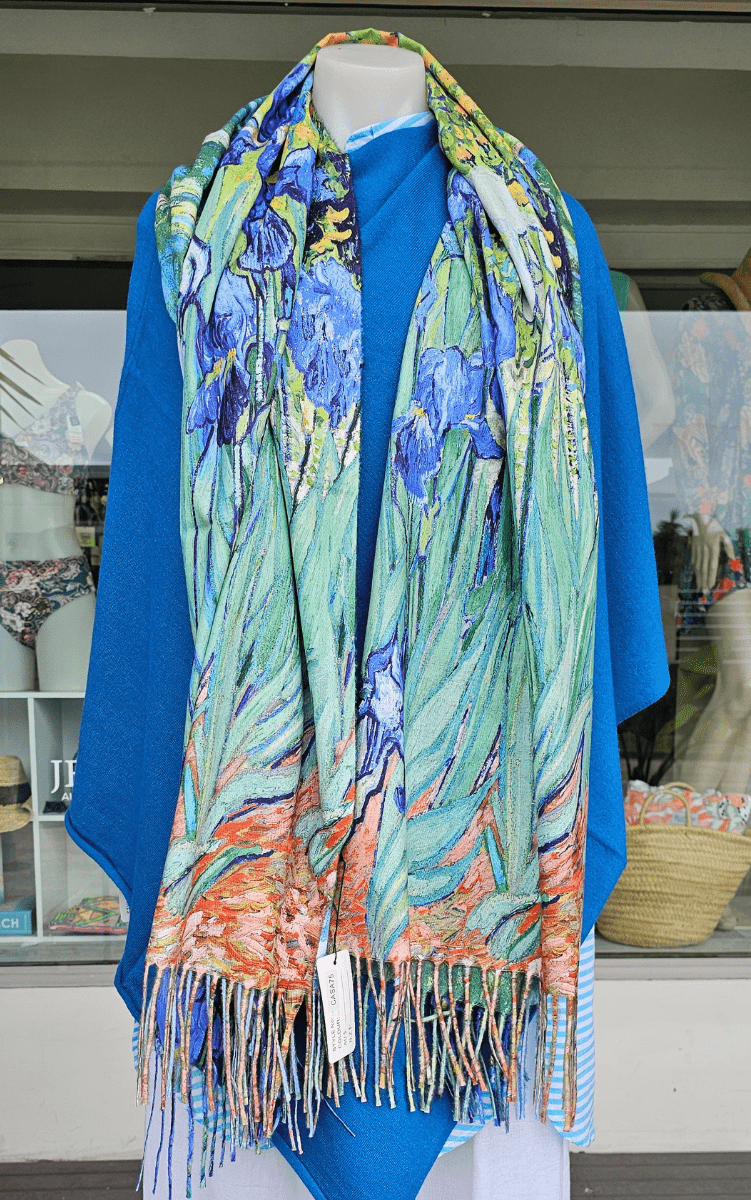 Monet Cashmere Purple Lillies Reversible Fringe Scarf.