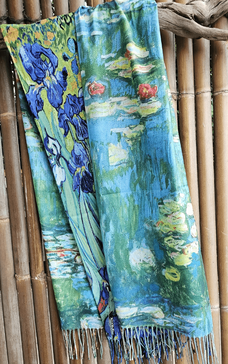 Monet Cashmere Purple Lillies Reversible Fringe Scarf.