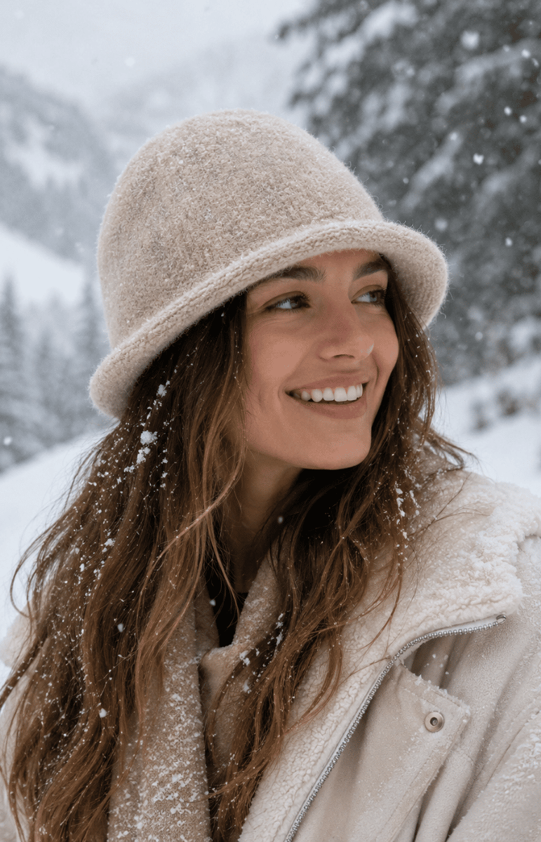 Woman wearing a beige hat and coat in a snowy landscape