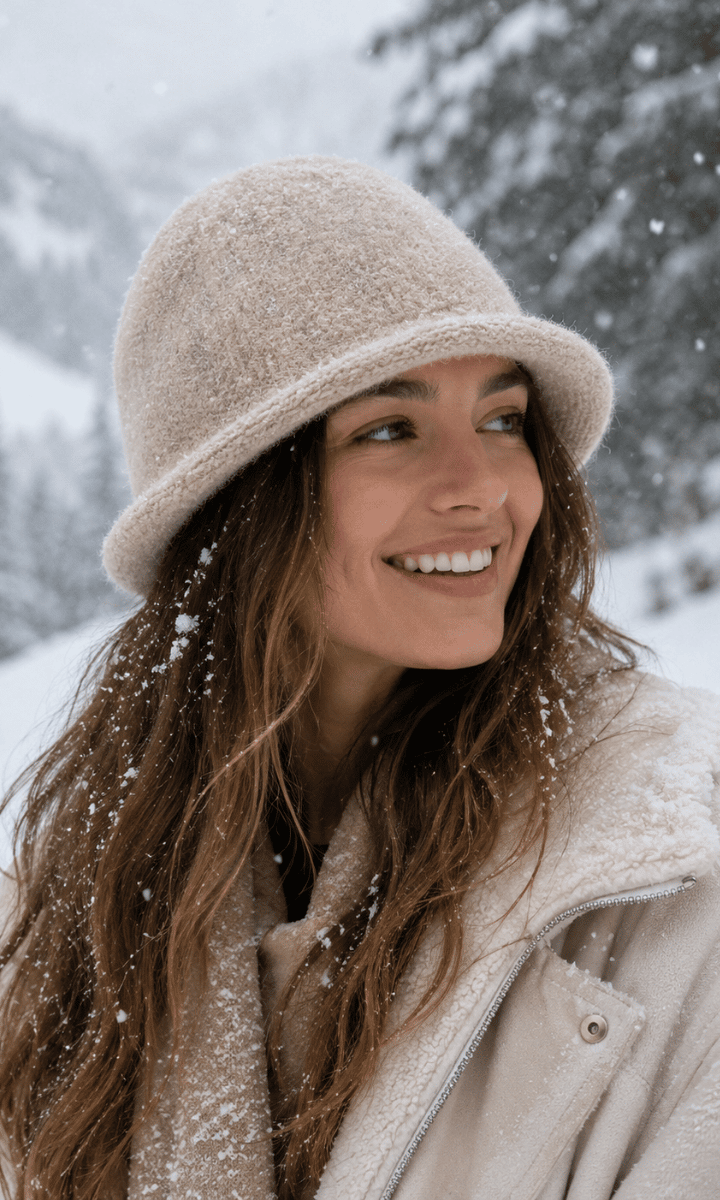 Woman wearing a beige hat and coat in a snowy landscape