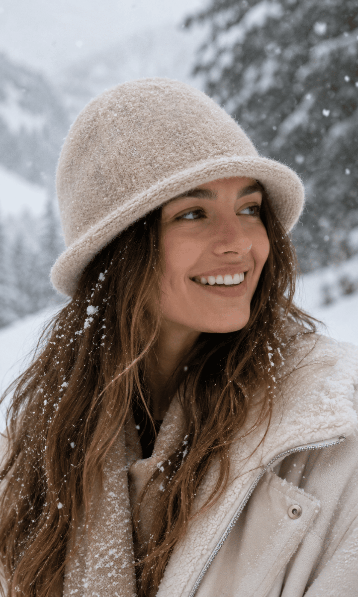 Woman wearing a beige hat and coat in a snowy landscape