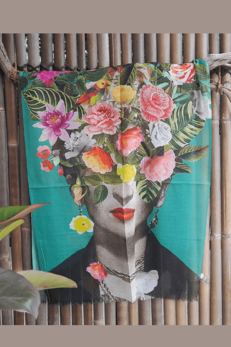 Zura Frida Kahlo 100% Cotton Scarf - Green Flowers.