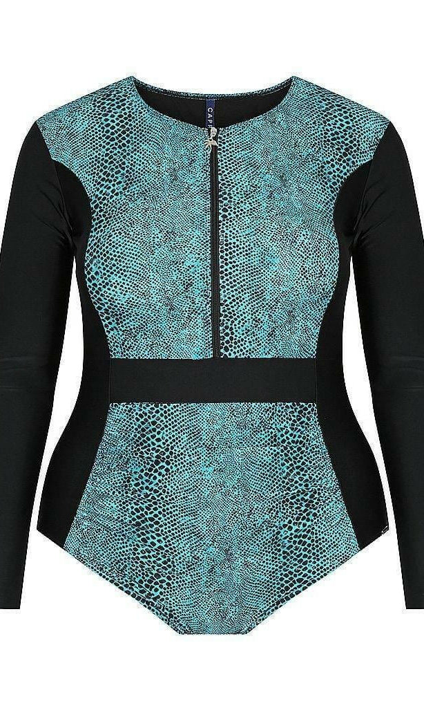 Capriosca CTS4850 Turquoise Snake Long Sleeve One Piece Sunsuit.