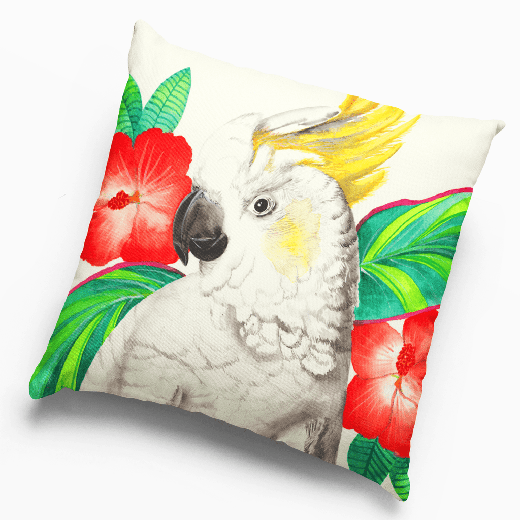 Cockatoo with Hibiscus Cushion Cover 45 x -45cm Soft Plush Double Printed Cushions Lisa Glynn 