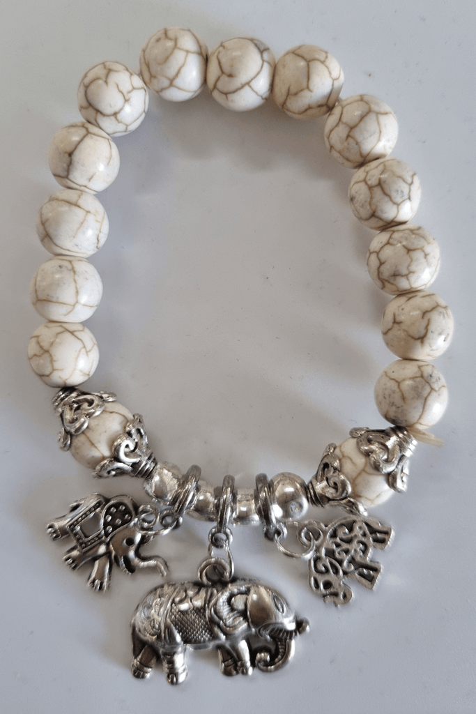 Elephant White Marble Silver Plated Beaded Bracelet - OZ RESORT