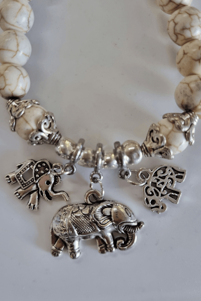 Elephant White Marble Silver Plated Beaded Bracelet - OZ RESORT