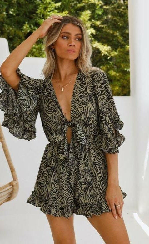 62764B04 Indikah Black Olive Playsuit.