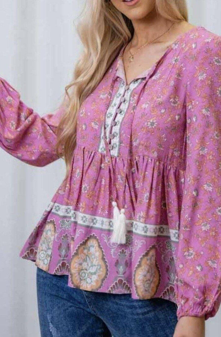 202025-4 Iris Maxi Purple Tassel Floral Top.