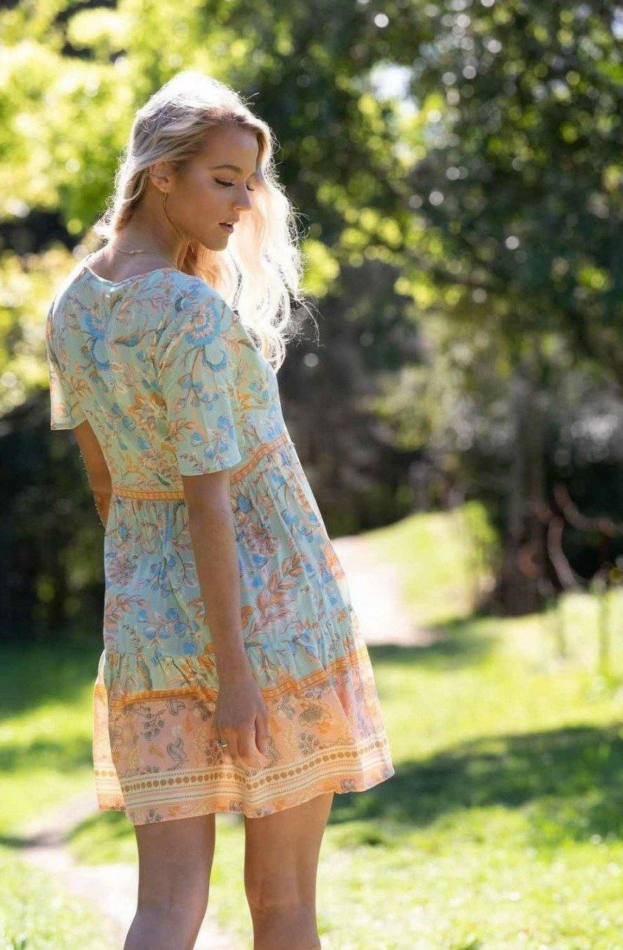 201234-1 Iris Maxi Mint & Orange Floral Rayon Dress.