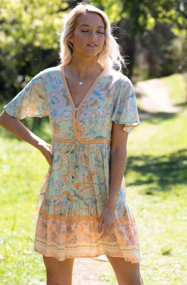 201234-1 Iris Maxi Mint & Orange Floral Rayon Dress.