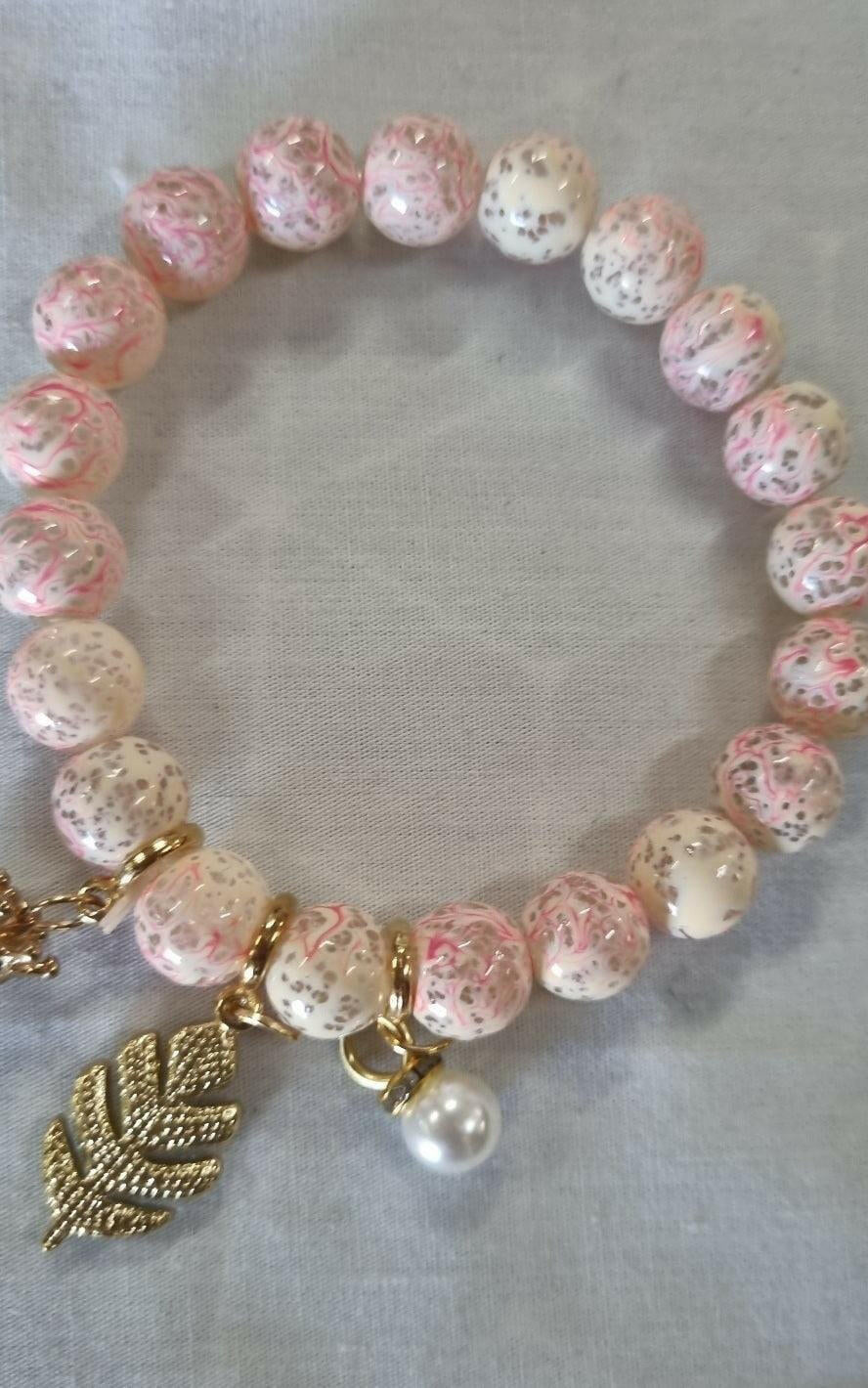 Boho Marble Glass Bracelet Fern & Pearl Charms.