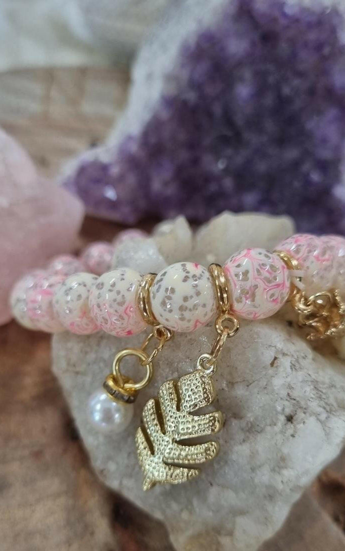 Boho Marble Glass Bracelet Fern & Pearl Charms.