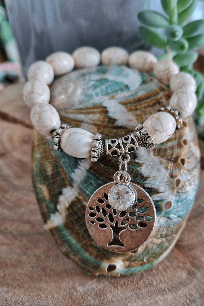 Tree Of Life White Marble Silver Plated Bracelet.