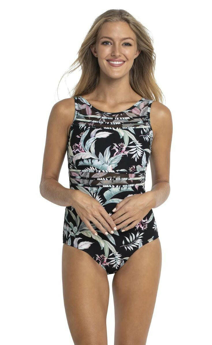 Jantzen Maui Mesh High Neck Mastectomy One Piece Black.