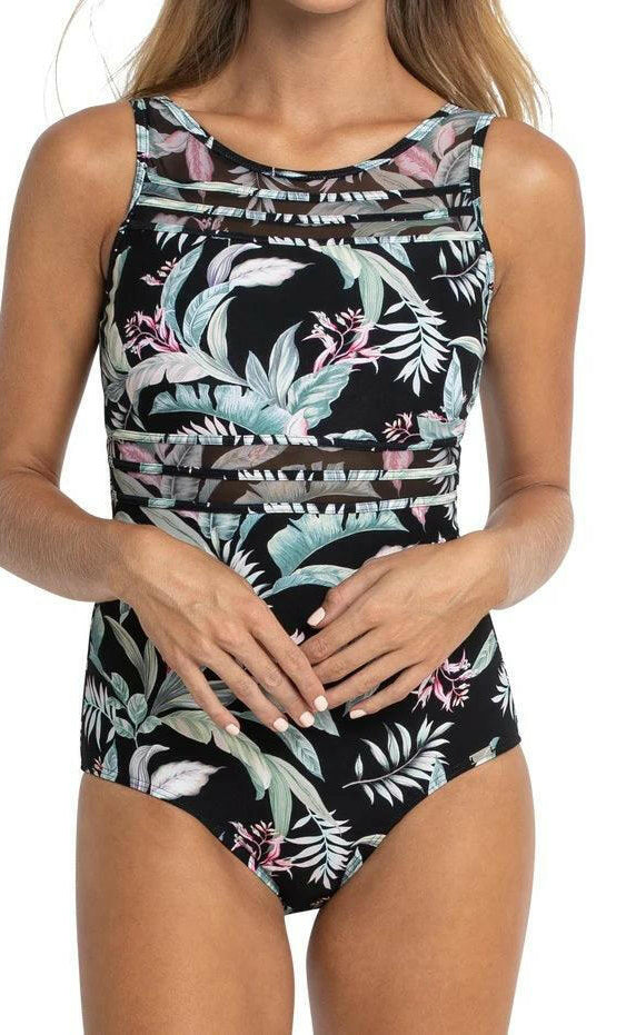 Jantzen Maui Mesh High Neck Mastectomy One Piece Black.