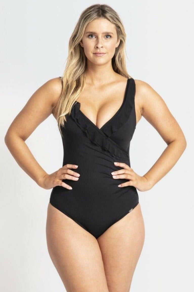 Jantzen Cosmopolitan Mesh Frill Cross Front One Piece Black.
