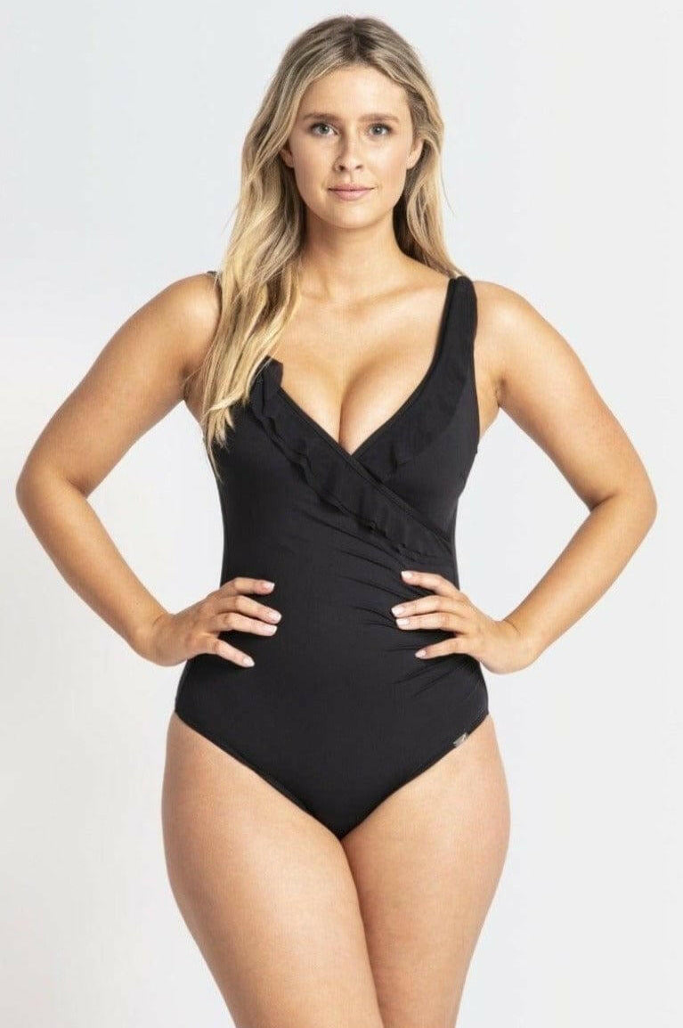 Jantzen Cosmopolitan Mesh Frill Cross Front One Piece Black.