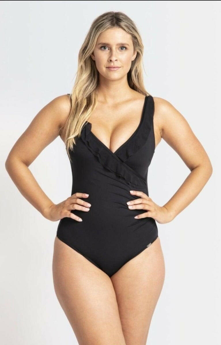 Jantzen Cosmopolitan Mesh Frill Cross Front One Piece Black.