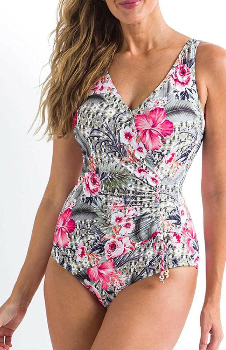 Jantzen JA84381 Moroccan Flowers Gathered Surplice One Piece.