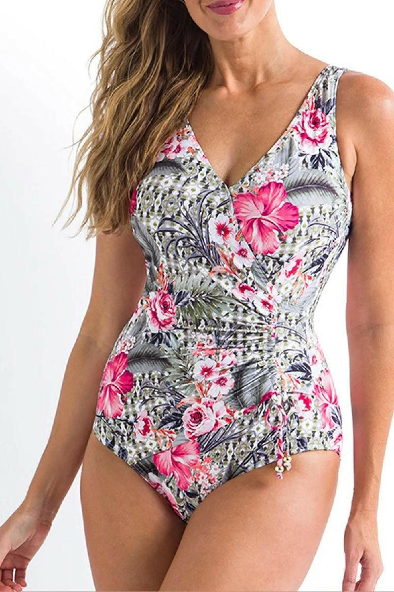 Jantzen JA84381 Moroccan Flowers Gathered Surplice One Piece.