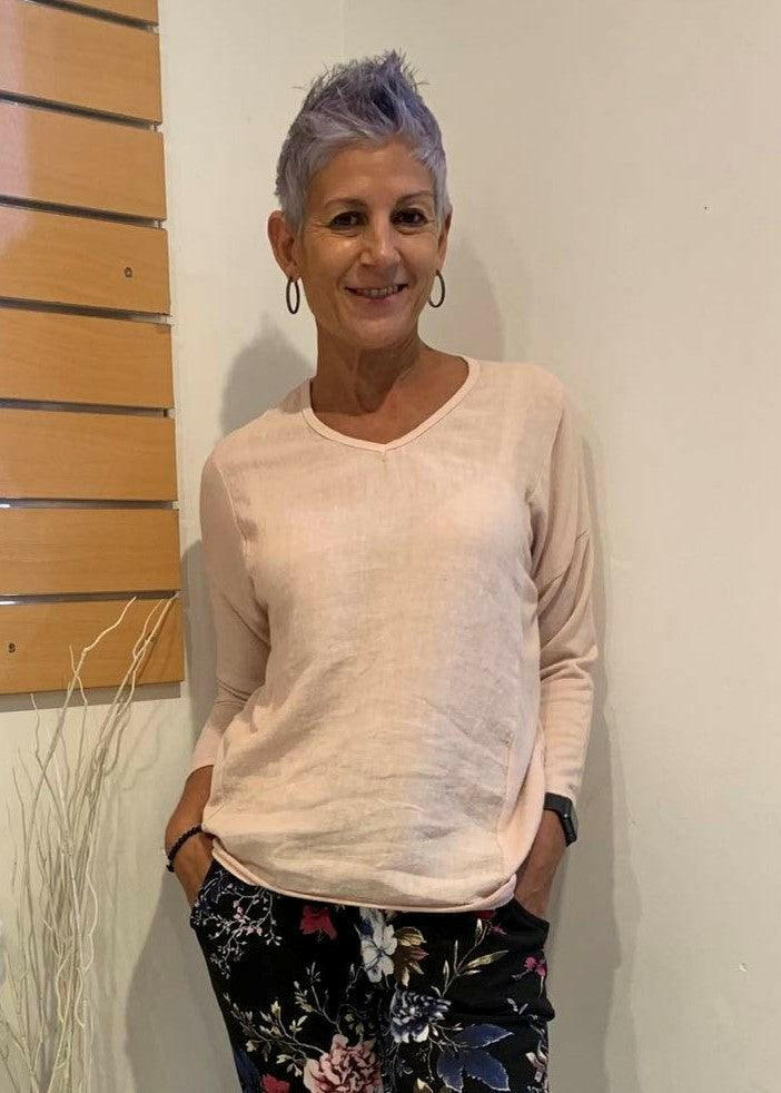 La Strada Cotton V Neck with Knit Sleeve Top.
